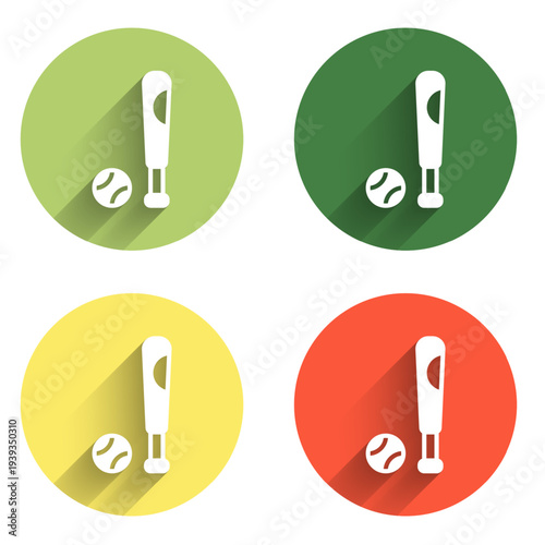 Set Baseball bat with ball icon isolated with long shadow background. Color circle button. Vector