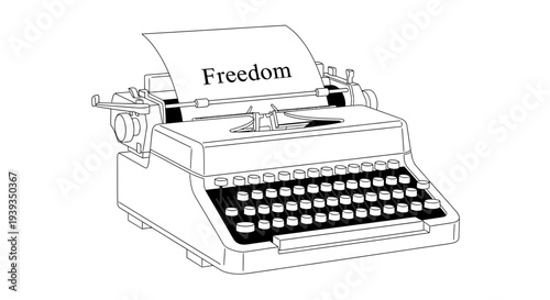 Vintage Typewriter with "Freedom" text on paper, illustration, retro writing tool