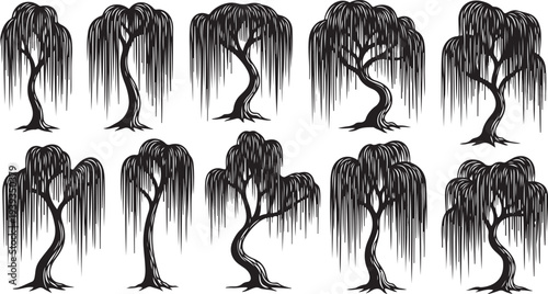 Twisted bare trees in black ink style minimalist vector illustration flat design artwork.