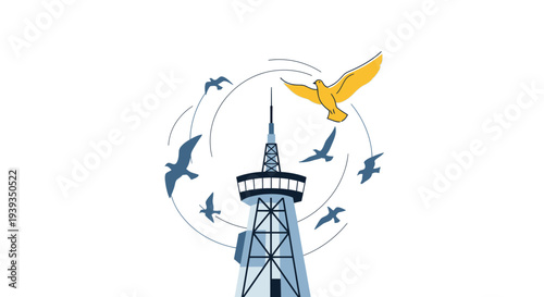 Yellow bird flies free around tower, others circle