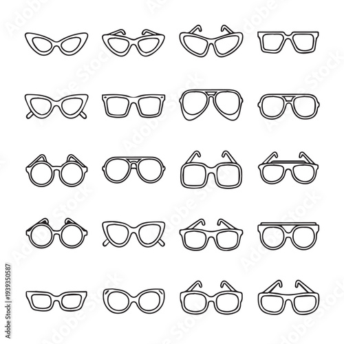 Collection of Various Eyeglasses Styles Outline Icons Isolated on White Background