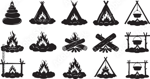 Campfire and teepee set collection flat design vector illustration with firewood and outdoor elements