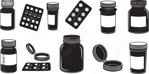Set of black and white pill bottle containers with capsules and pills flat design vector illustration