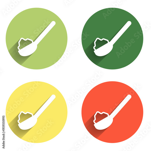 Set Spoon with sugar icon isolated with long shadow background. Teaspoon for tea or coffee. Color circle button. Vector