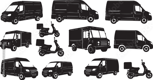 Collection of various commercial delivery and transport vehicles vector illustration flat design set isolated on white background