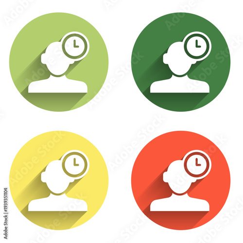 Set Insomnia icon isolated with long shadow background. Sleep disorder with capillaries and pupils. Fatigue and stress. Color circle button. Vector