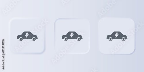 Grey Electric car and electrical cable plug charging icon isolated on grey background. Renewable eco technologies. Set icons in square buttons. Vector