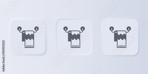 Grey Towel on hanger icon isolated on grey background. Bathroom towel icon. Set icons in square buttons. Vector