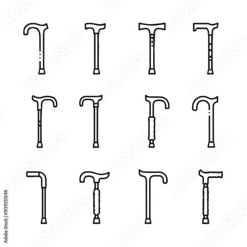 Collection of Walking Cane Icons with Various Handle Styles on White Background