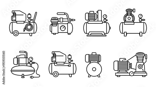 collection of air compressor, minimal thin icon vector set , white background , PNG and SVG isolate