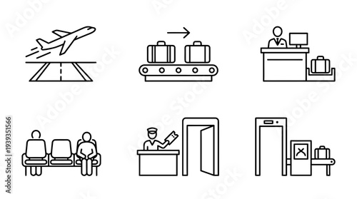 collection of airport terminal, minimal thin icon vector set , white background , PNG and SVG isolate
