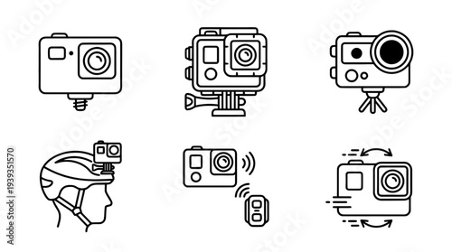 collection of action camera, minimal thin icon vector set , white background , PNG and SVG isolate