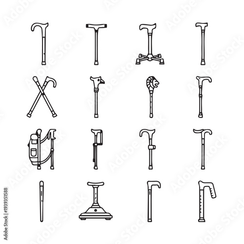 Collection of Walking Cane Icons and Line Art Diverse Styles and Designs