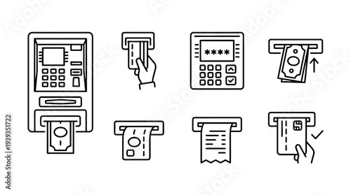 collection of atm machine, minimal thin icon vector set , white background , PNG and SVG isolate
