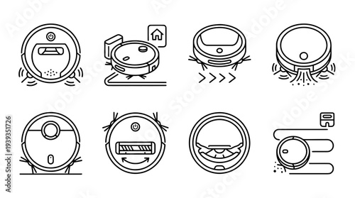 collection of automatic vacuum robot, minimal thin icon vector set , white background , PNG and SVG isolate