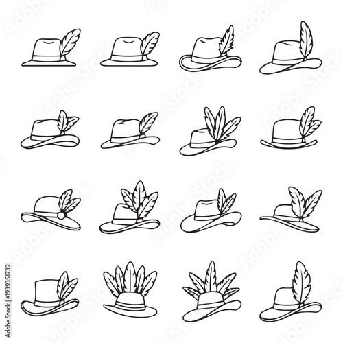 Feathered Hats Collection Icons Traditional German Alpine Style Outline Vector Graphics
