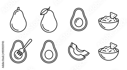 collection of avocado, minimal thin icon vector set , white background , PNG and SVG isolate