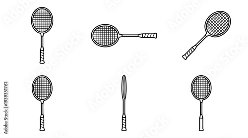 collection of badminton racket, minimal thin icon vector set , white background , PNG and SVG isolate