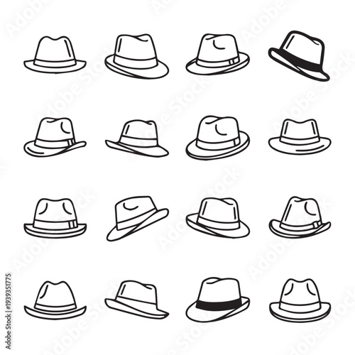 Fedora Hats Collection Diverse Styles and Angles Line Art