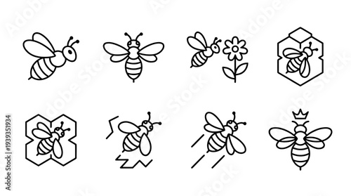collection of bee, minimal thin icon vector set , white background , PNG and SVG isolate