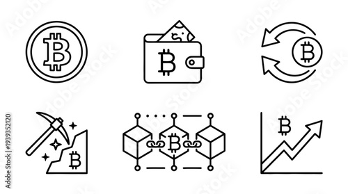 collection of bitcoin cryptocurrency, minimal thin icon vector set , white background , PNG and SVG isolate