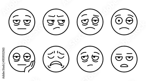 collection of bored face, minimal thin icon vector set , white background , PNG and SVG isolate