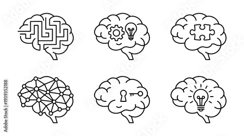 collection of brain puzzle, minimal thin icon vector set , white background , PNG and SVG isolate