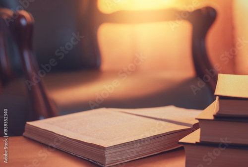 Open book and stack of books on wooden table in warm evening sunlight cozy reading atmosphere