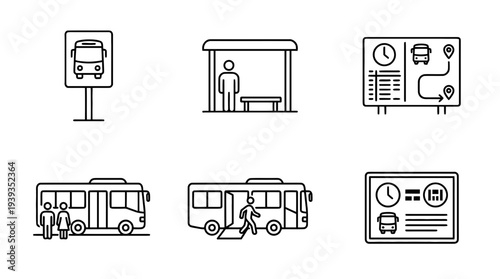 collection of bus stop, minimal thin icon vector set , white background , PNG and SVG isolate