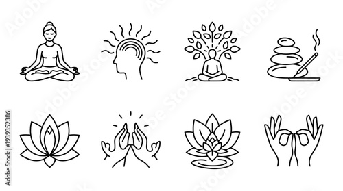 collection of calm meditation, minimal thin icon vector set , white background , PNG and SVG isolate