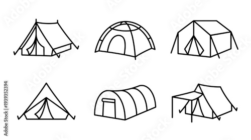 collection of camping tent, minimal thin icon vector set , white background , PNG and SVG isolate