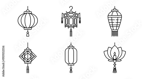 collection of chinese lantern, minimal thin icon vector set , white background , PNG and SVG isolate