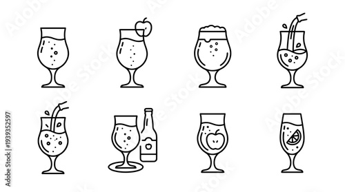 collection of cider glass, minimal thin icon vector set , white background , PNG and SVG isolate