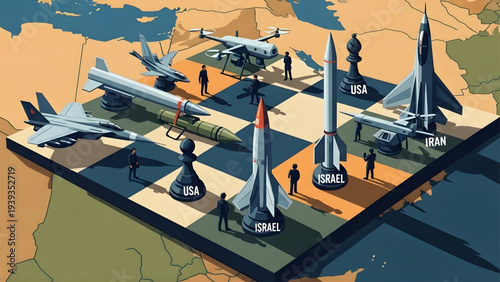 Geopolitical strategy concept with missiles and drones as chess pieces on a world map board, military conflict metaphor.