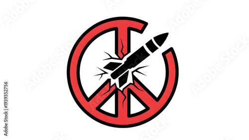 Anti-war concept with peace sign symbol and broken falling missile, stop the war and world peace illustration.