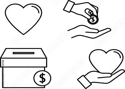 Donation Icons: Heart, Hand Giving Coin, Donation Box, Charity Concept