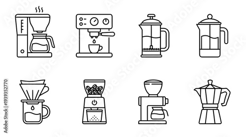 collection of coffee machine, minimal thin icon vector set , white background , PNG and SVG isolate