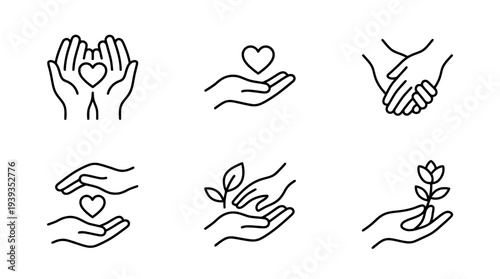 collection of compassion hands, minimal thin icon vector set , white background , PNG and SVG isolate
