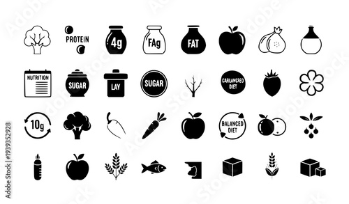 Nutrition icons set black and gray healthy food protein carbohydrate symbol vector