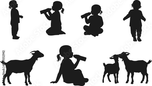 Children and goat silhouette, bottle feeding, rural interaction scene, black and white vector, cad drawing flat vector illustrationChildren and goat silhouette, bottle feeding, rural interaction 