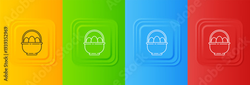 White Basket with easter eggs icon isolated on colorful background. Happy Easter. Set icons in square buttons. Vector