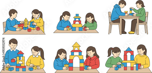 Children building with colorful blocks, teamwork, creativity, preschool learning, spatial skills, collaborative play, cartoon vector, educational illustration