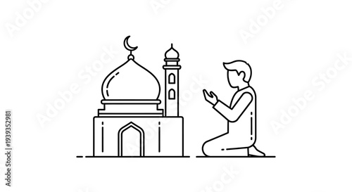 Man Praying in Front of Mosque.