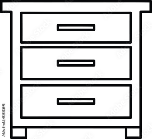 Simple line drawing of a three-drawer bedside table or dresser.