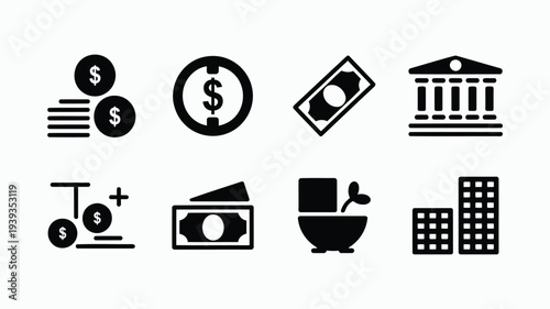 Set of 8 black and white flat vector icons depicting finance, banking, and investment concepts for business websites and apps