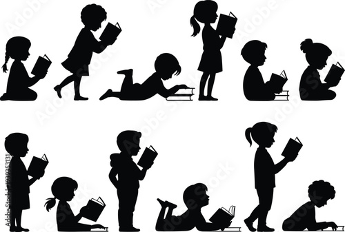 Children reading books silhouette collection kids learning education study activity illustration isolated on white background childhood literacy concept