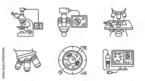 collection of digital microscope, minimal thin icon vector set , white background , PNG and SVG isolate