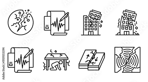 collection of earthquake, minimal thin icon vector set , white background , PNG and SVG isolate
