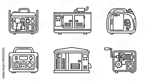 collection of electric generator, minimal thin icon vector set , white background , PNG and SVG isolate