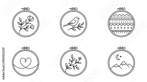 collection of embroidery hoop, minimal thin icon vector set , white background , PNG and SVG isolate